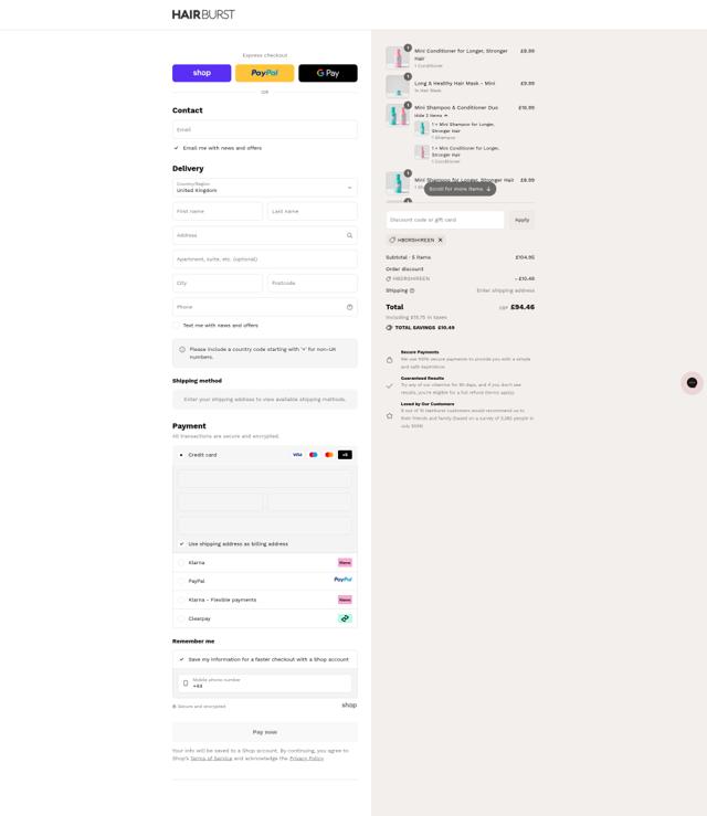 Hairburst checkout page showing Hairburst discount code box | Screenshot taken by SimplyCodes community member on Sep 11, 2025