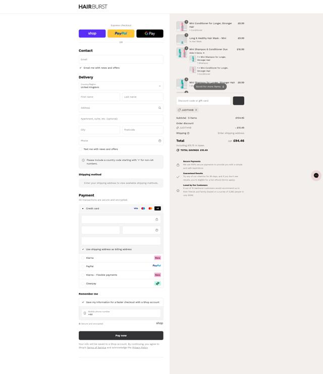 Hairburst checkout page showing Hairburst discount code box | Screenshot taken by SimplyCodes community member on Sep 11, 2025