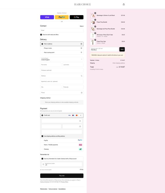 Hair Choice checkout page showing Hair Choice discount code box | Screenshot taken by SimplyCodes community member on Sep 11, 2025