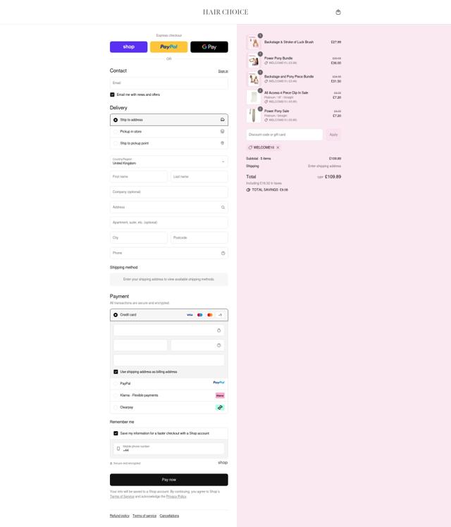 Hair Choice checkout page showing Hair Choice discount code box | Screenshot taken by SimplyCodes community member on Sep 11, 2025