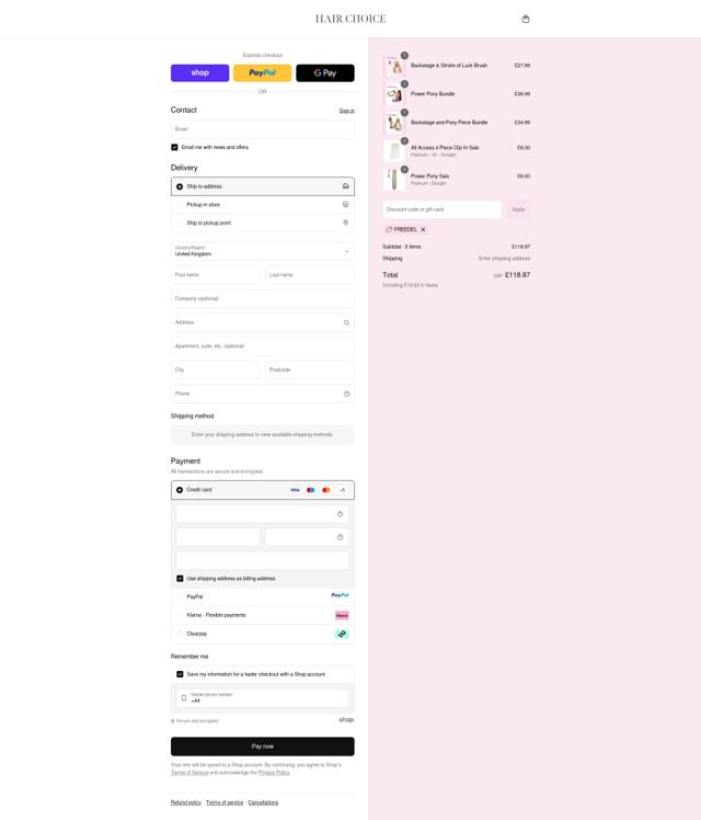 Hair Choice checkout page showing Hair Choice discount code box | Screenshot taken by SimplyCodes community member on Sep 15, 2025