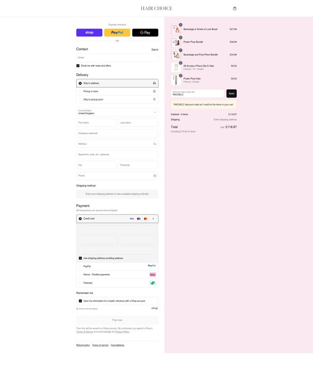 Hair Choice checkout page showing Hair Choice discount code box | Screenshot taken by SimplyCodes community member on Sep 15, 2025