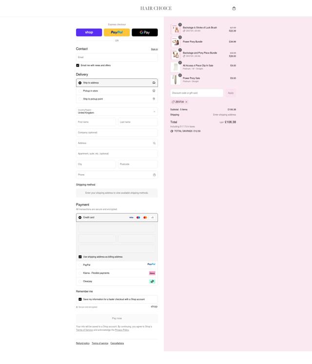Hair Choice checkout page showing Hair Choice discount code box | Screenshot taken by SimplyCodes community member on Sep 15, 2025