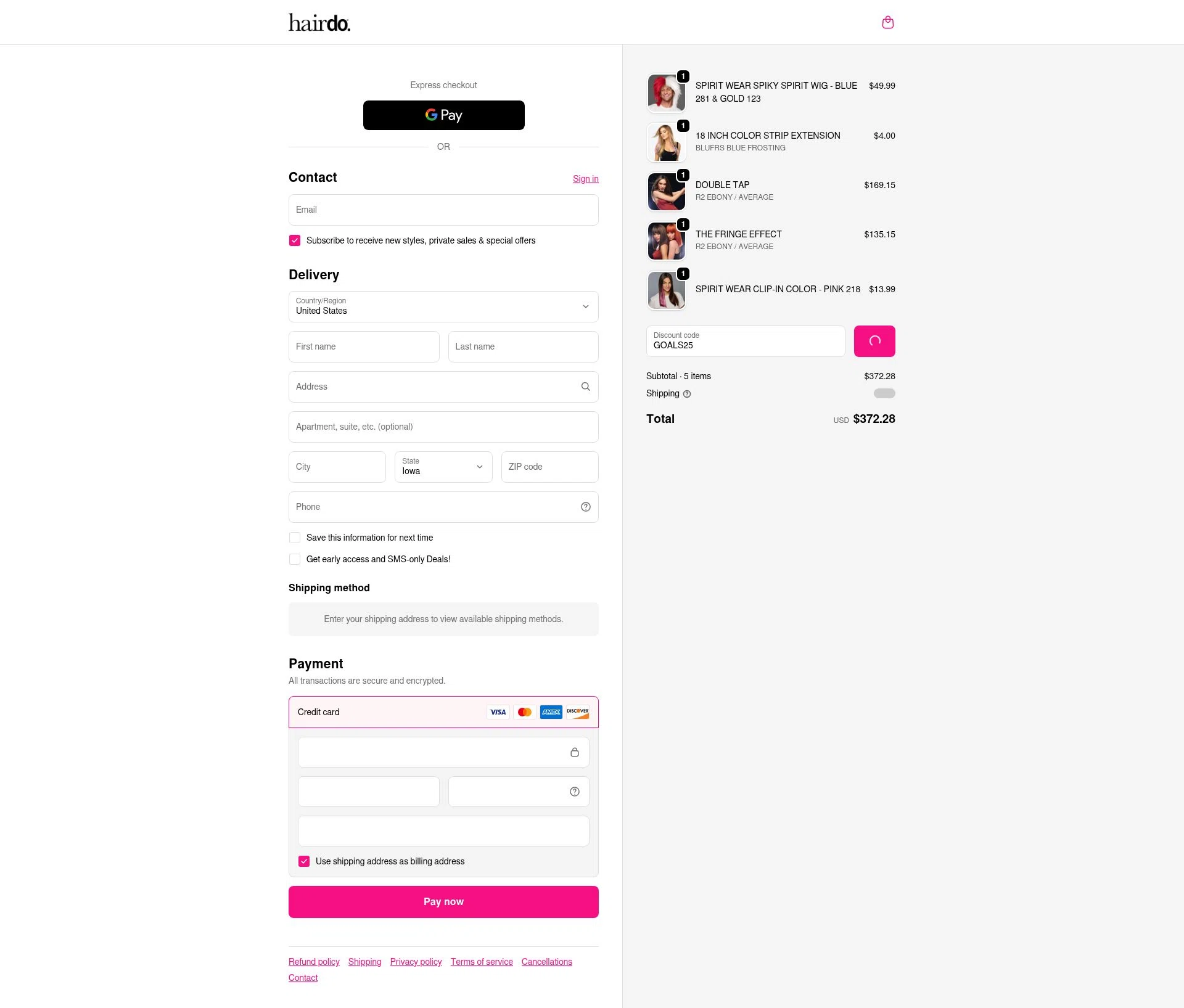 Hairdo USA checkout page showing Hairdo USA promo code box | Screenshot taken by SimplyCodes community member on Jan 9, 2026