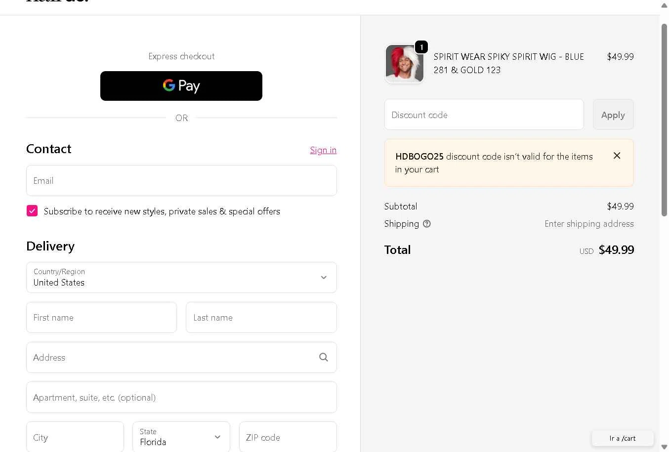 Hairdo USA checkout page showing Hairdo USA promo code box | Screenshot taken by SimplyCodes community member on Jan 9, 2026