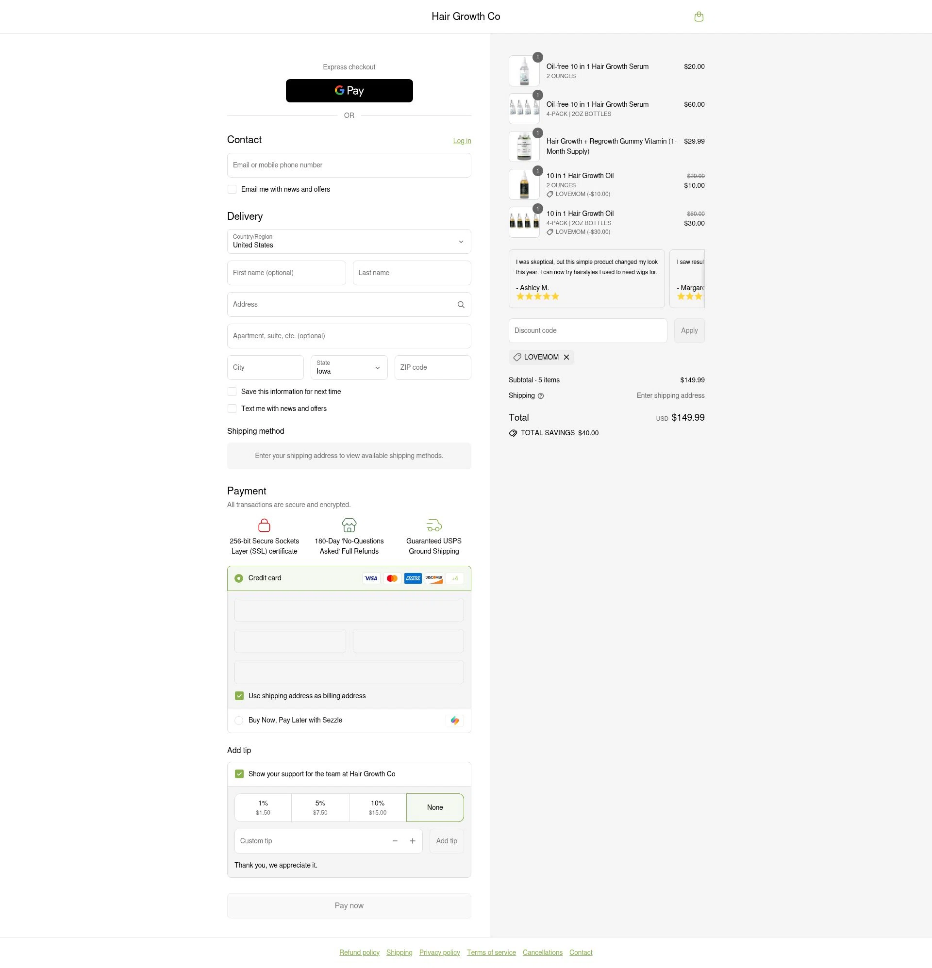Hair Growth Co checkout page showing Hair Growth Co discount code box | Screenshot taken by SimplyCodes community member on Aug 10, 2025