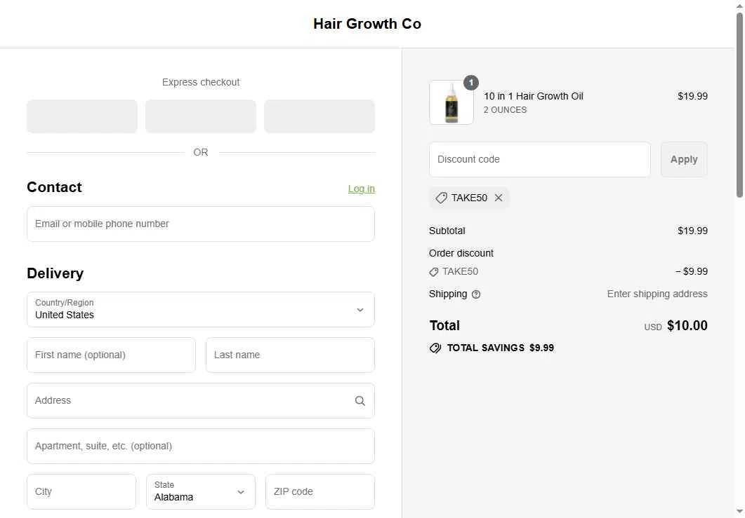 Hair Growth Co checkout page showing Hair Growth Co discount code box | Screenshot taken by SimplyCodes community member on Sep 8, 2025