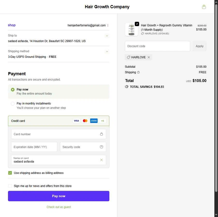 Hair Growth Co checkout page showing Hair Growth Co discount code box | Screenshot taken by SimplyCodes community member on Nov 5, 2025