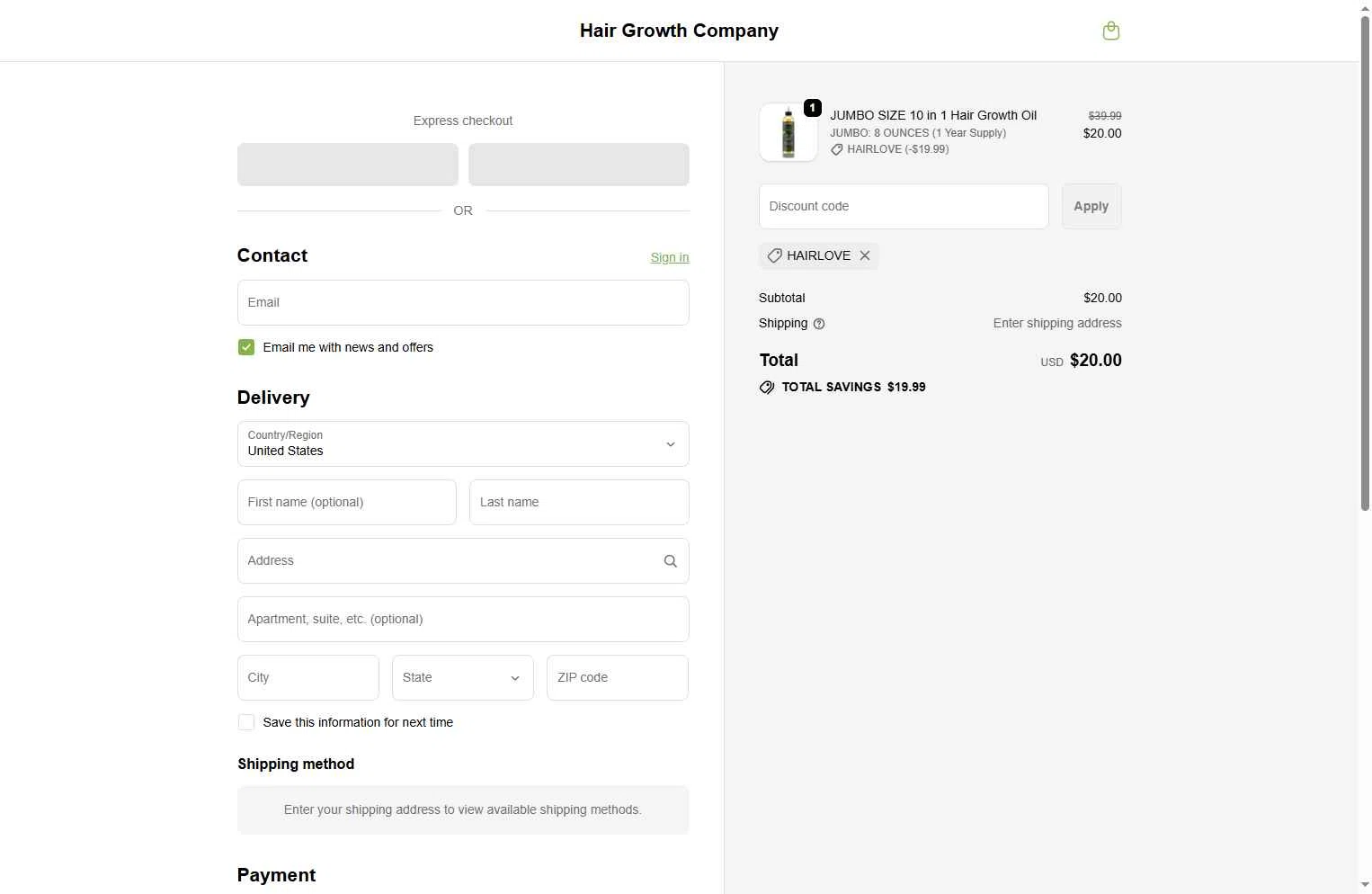 Hair Growth Co checkout page showing Hair Growth Co discount code box | Screenshot taken by SimplyCodes community member on Jan 2, 2026