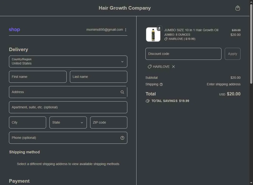 Hair Growth Co checkout page showing Hair Growth Co discount code box | Screenshot taken by SimplyCodes community member on Nov 5, 2025