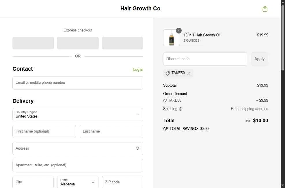 Hair Growth Co checkout page showing Hair Growth Co discount code box | Screenshot taken by SimplyCodes community member on Sep 8, 2025