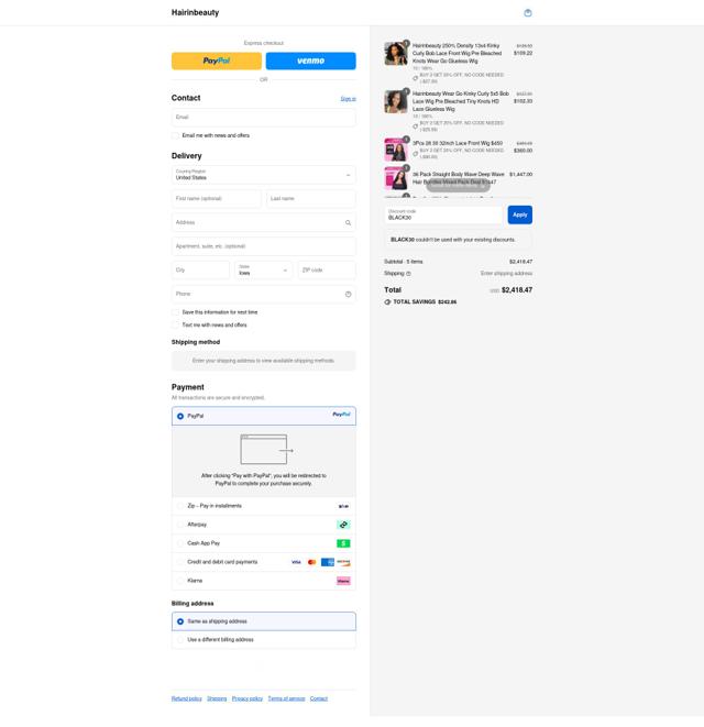 Hairinbeauty checkout page showing Hairinbeauty coupon code box | Screenshot taken by SimplyCodes community member on Sep 12, 2025
