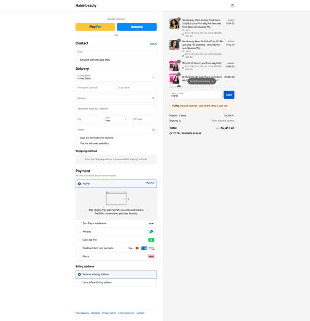 Hairinbeauty checkout page showing Hairinbeauty coupon code box | Screenshot taken by SimplyCodes community member on Sep 12, 2025