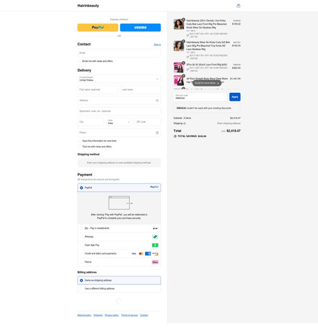 Hairinbeauty checkout page showing Hairinbeauty coupon code box | Screenshot taken by SimplyCodes community member on Sep 12, 2025
