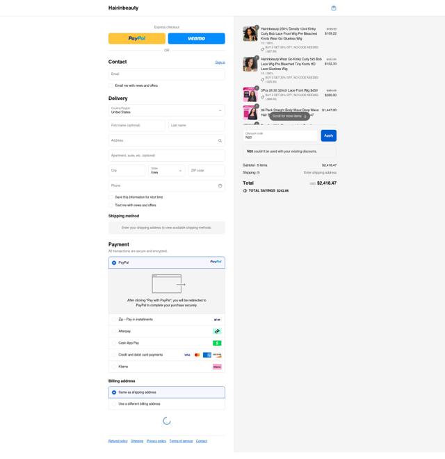 Hairinbeauty checkout page showing Hairinbeauty coupon code box | Screenshot taken by SimplyCodes community member on Sep 12, 2025