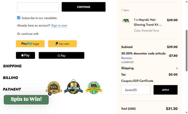Hair Mayraki checkout page showing Hair Mayraki coupon code box | Screenshot taken by SimplyCodes community member on Aug 14, 2025