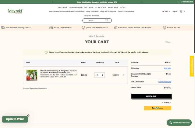 Hair Mayraki checkout page showing Hair Mayraki coupon code box | Screenshot taken by SimplyCodes community member on Aug 16, 2025