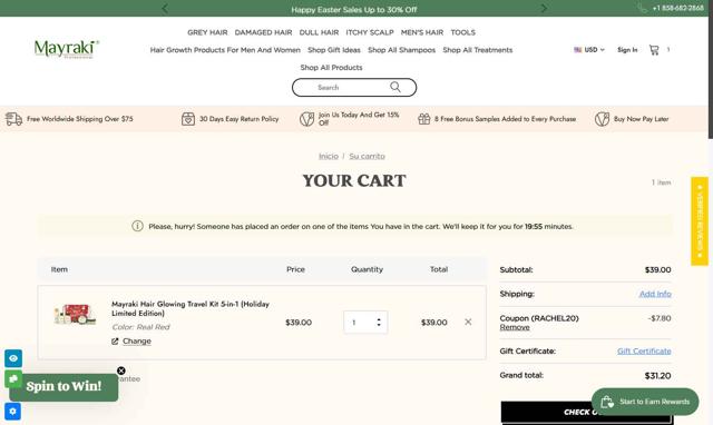 Hair Mayraki checkout page showing Hair Mayraki coupon code box | Screenshot taken by SimplyCodes community member on Aug 14, 2025
