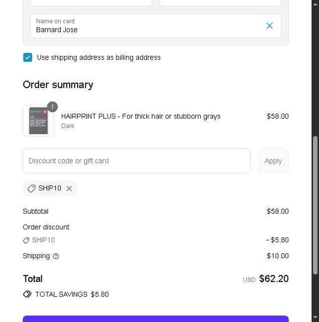 Hairprint checkout page showing Hairprint promo code box | Screenshot taken by SimplyCodes community member on Sep 7, 2025