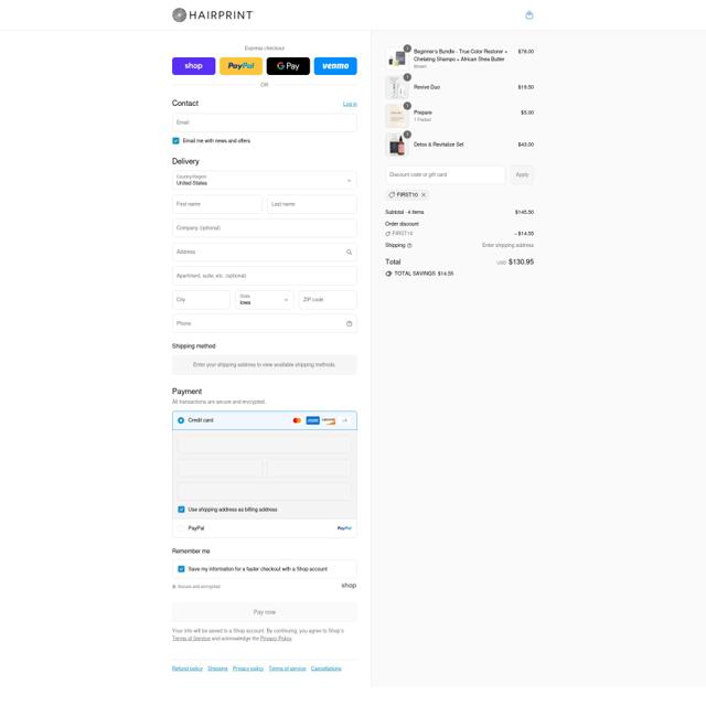 Hairprint checkout page showing Hairprint promo code box | Screenshot taken by SimplyCodes community member on Sep 4, 2025