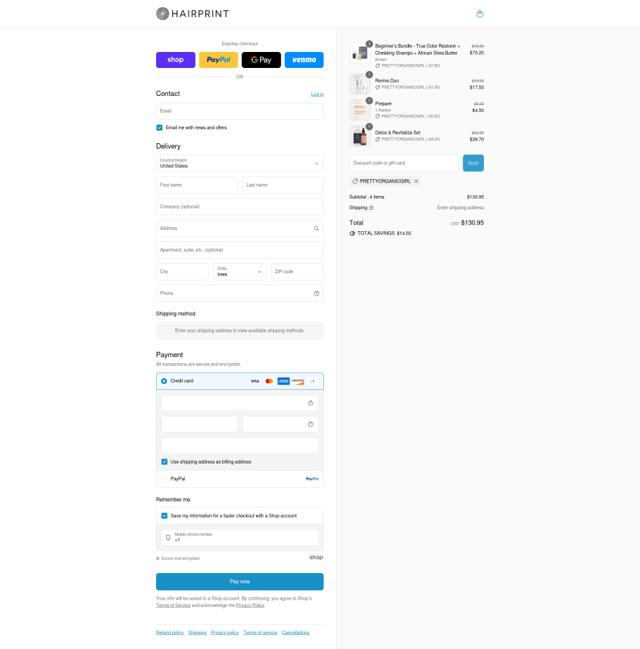 Hairprint checkout page showing Hairprint promo code box | Screenshot taken by SimplyCodes community member on Sep 4, 2025