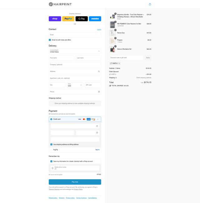 Hairprint checkout page showing Hairprint promo code box | Screenshot taken by SimplyCodes community member on Sep 8, 2025