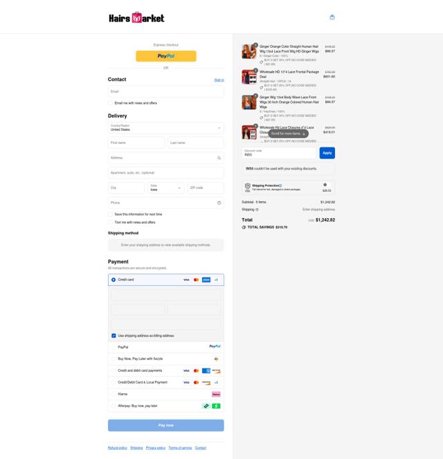 Hairsmarket checkout page showing Hairsmarket discount code box | Screenshot taken by SimplyCodes community member on Sep 12, 2025