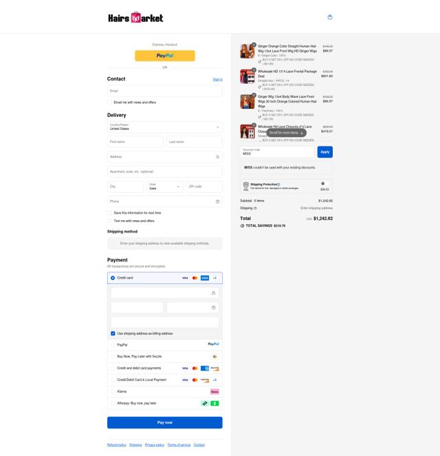 Hairsmarket checkout page showing Hairsmarket discount code box | Screenshot taken by SimplyCodes community member on Sep 12, 2025