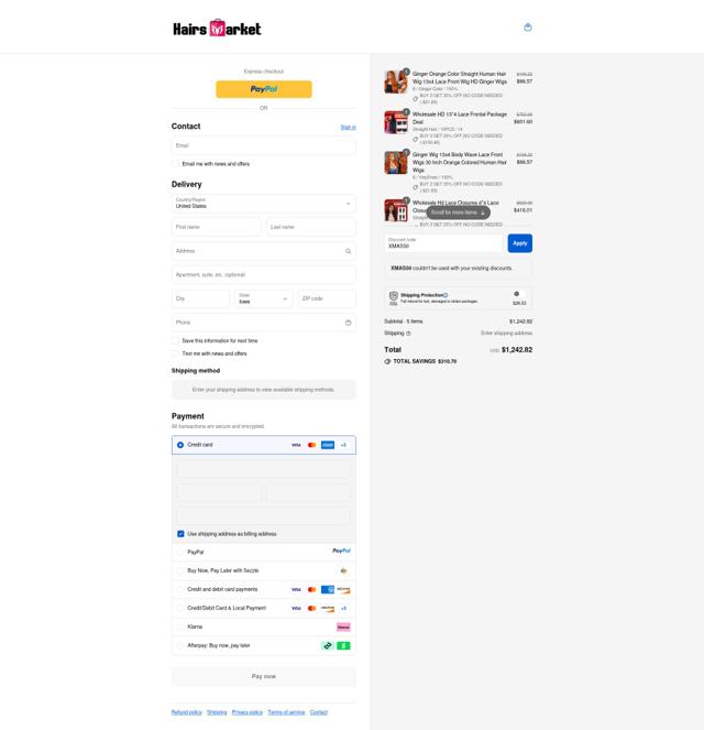 Hairsmarket checkout page showing Hairsmarket discount code box | Screenshot taken by SimplyCodes community member on Sep 12, 2025