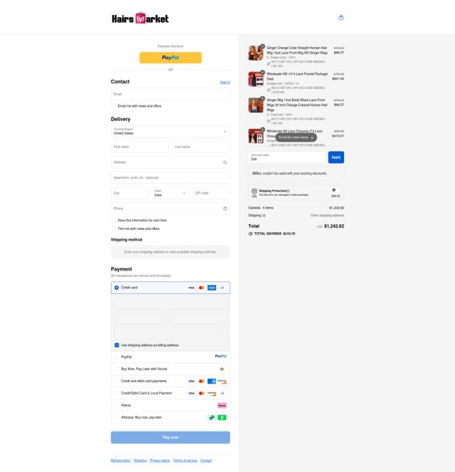 Hairsmarket checkout page showing Hairsmarket discount code box | Screenshot taken by SimplyCodes community member on Sep 12, 2025