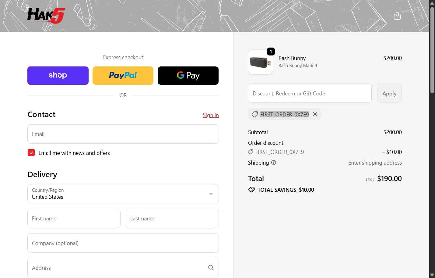 Hak5 checkout page showing Hak5 discount code box | Screenshot taken by SimplyCodes community member on Dec 20, 2025
