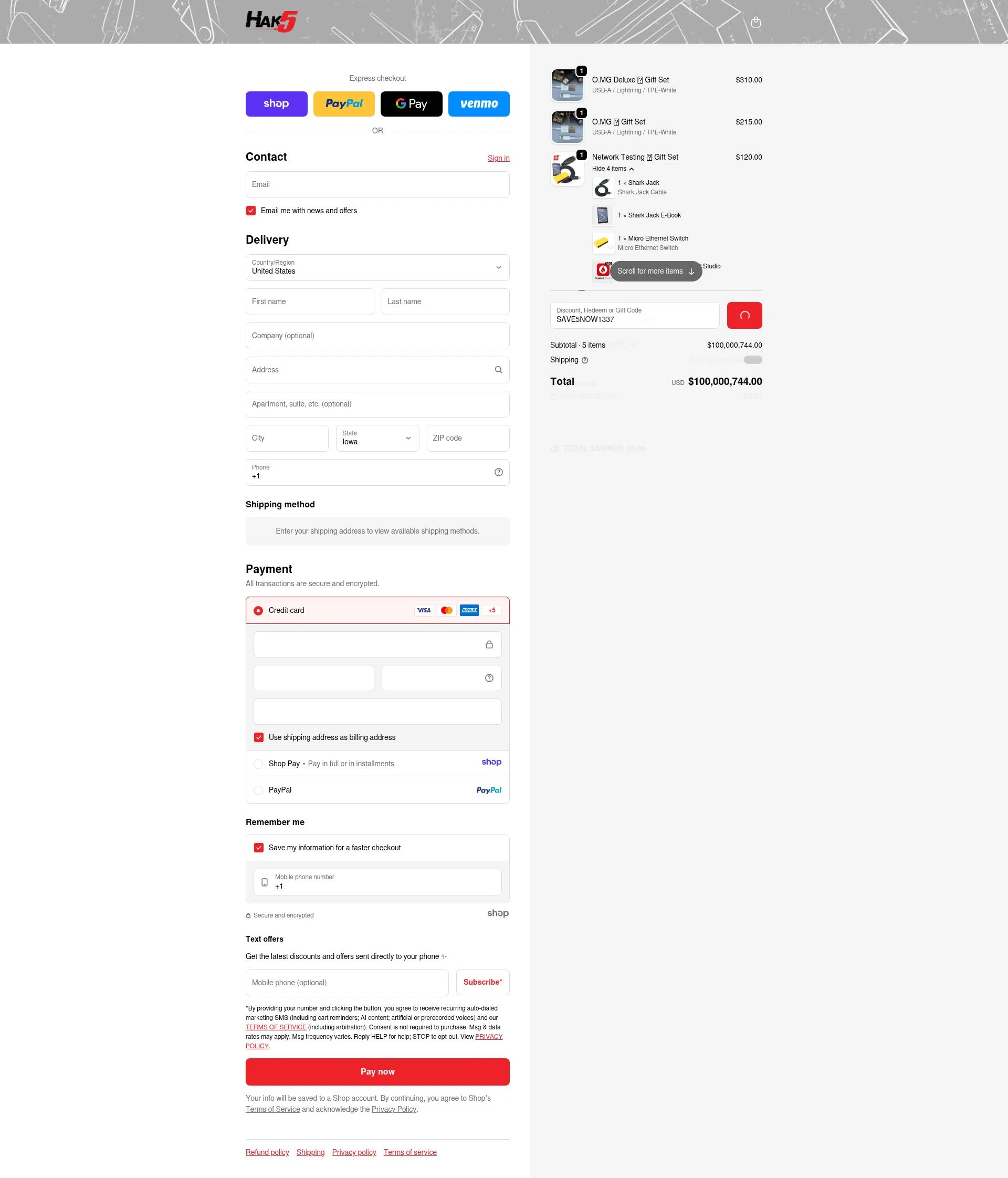 Hak5 checkout page showing Hak5 discount code box | Screenshot taken by SimplyCodes community member on Dec 31, 2025
