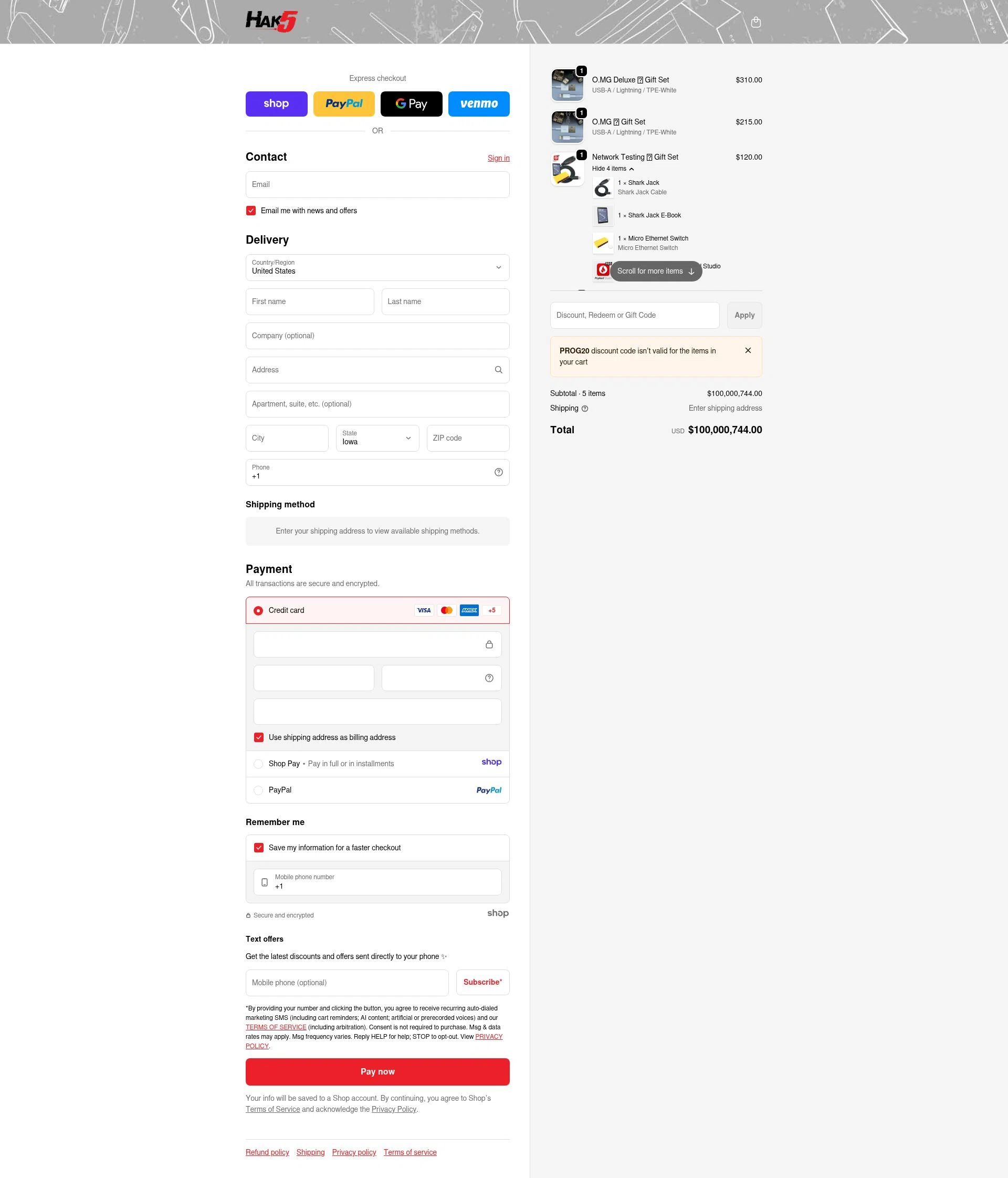 Hak5 checkout page showing Hak5 discount code box | Screenshot taken by SimplyCodes community member on Dec 31, 2025