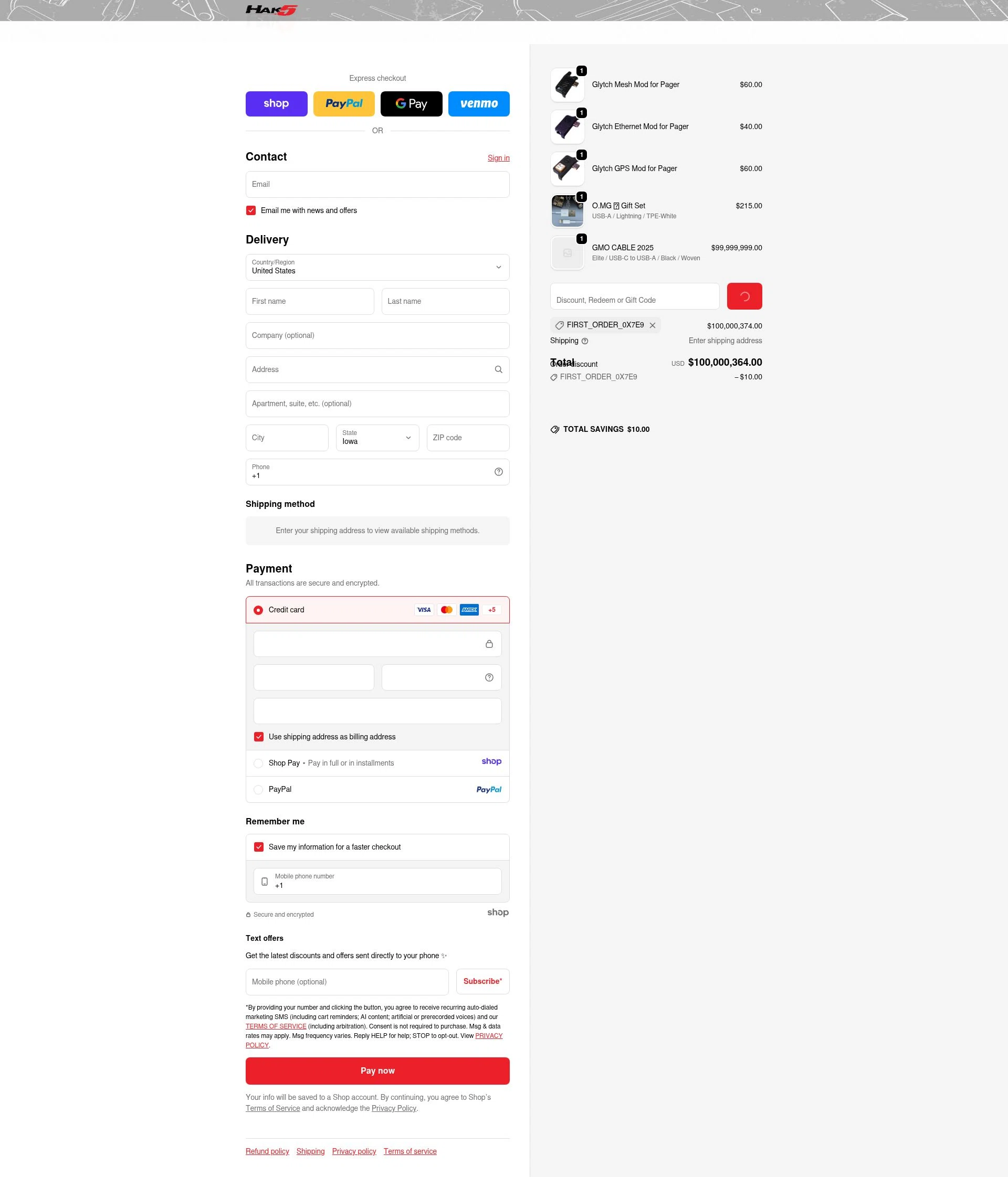 Hak5 checkout page showing Hak5 discount code box | Screenshot taken by SimplyCodes community member on Jan 5, 2026