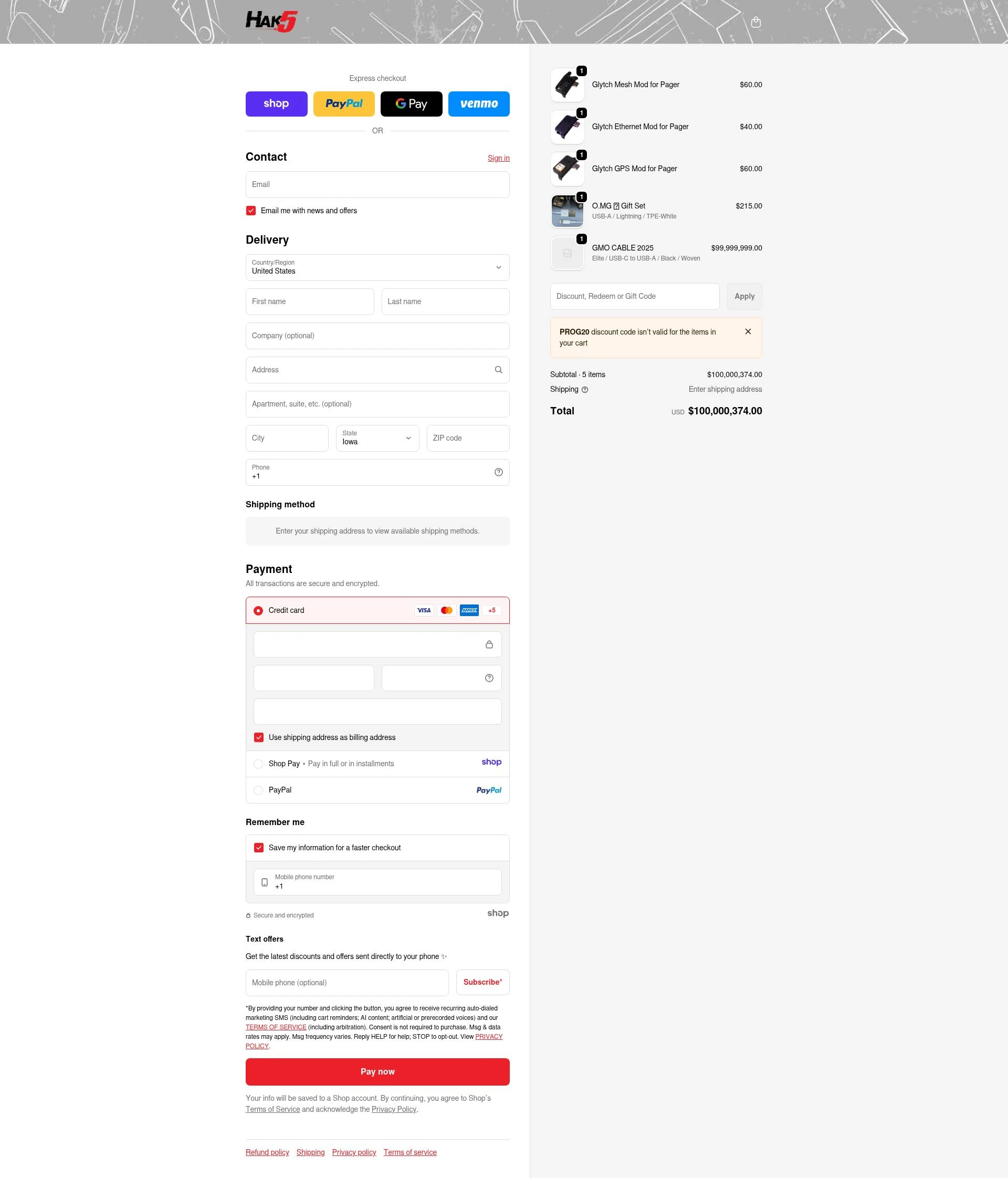 Hak5 checkout page showing Hak5 discount code box | Screenshot taken by SimplyCodes community member on Jan 5, 2026