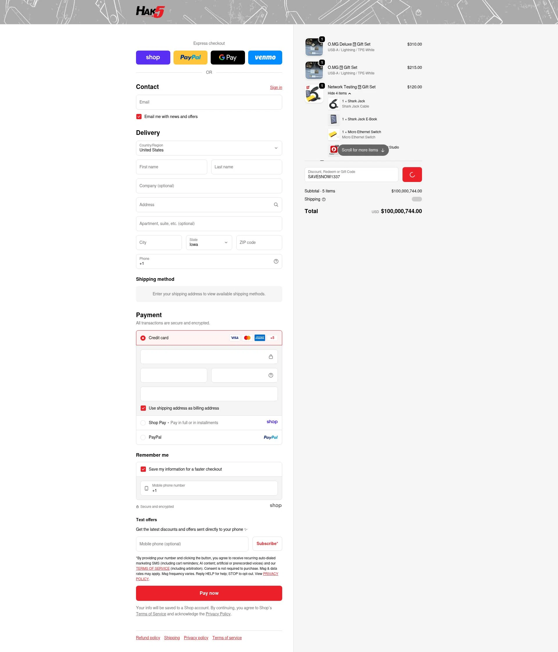 Hak5 checkout page showing Hak5 discount code box | Screenshot taken by SimplyCodes community member on Dec 26, 2025