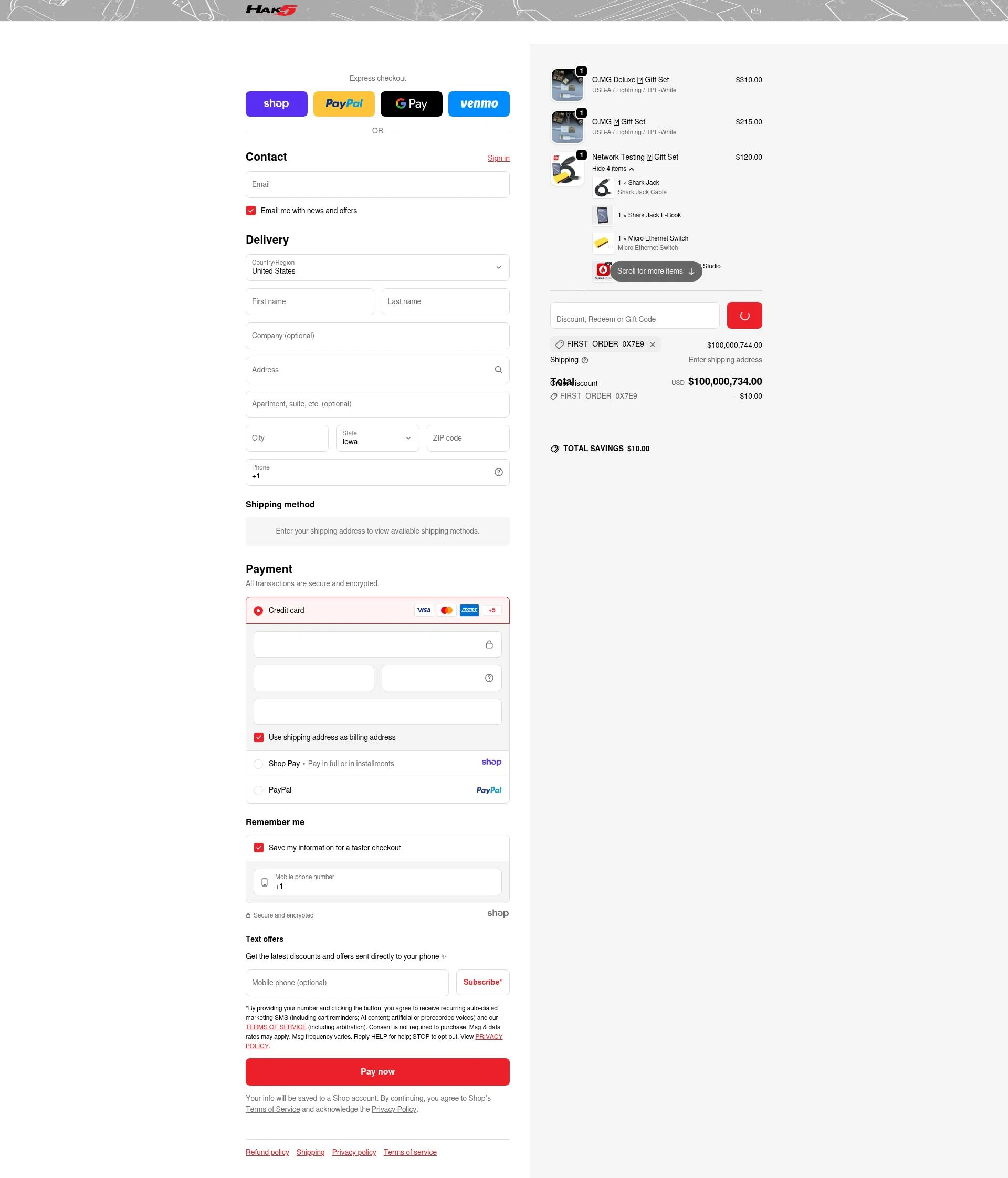 Hak5 checkout page showing Hak5 discount code box | Screenshot taken by SimplyCodes community member on Dec 31, 2025