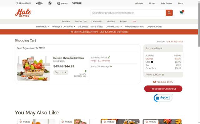 Hale Groves checkout page showing Hale Groves promo code box | Screenshot taken by SimplyCodes community member on Sep 9, 2025