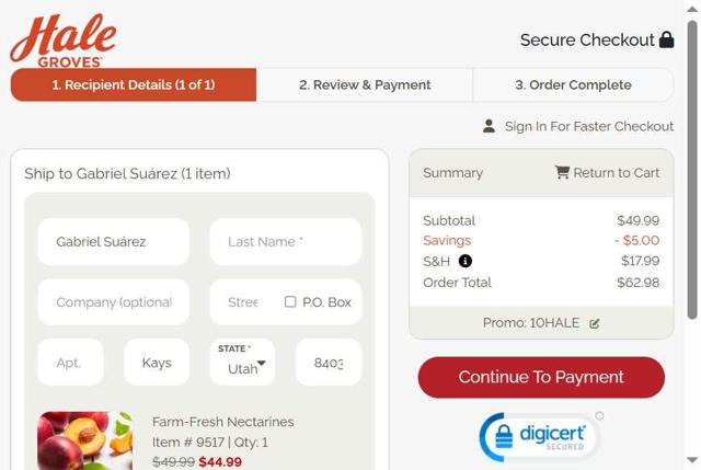 Hale Groves checkout page showing Hale Groves promo code box | Screenshot taken by SimplyCodes community member on Sep 5, 2025