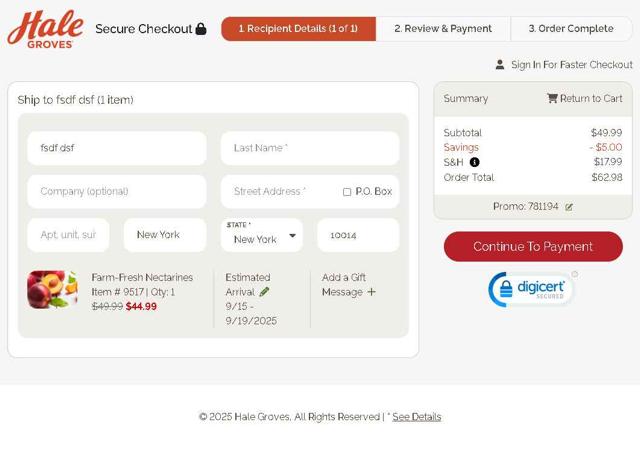 Hale Groves checkout page showing Hale Groves promo code box | Screenshot taken by SimplyCodes community member on Sep 5, 2025