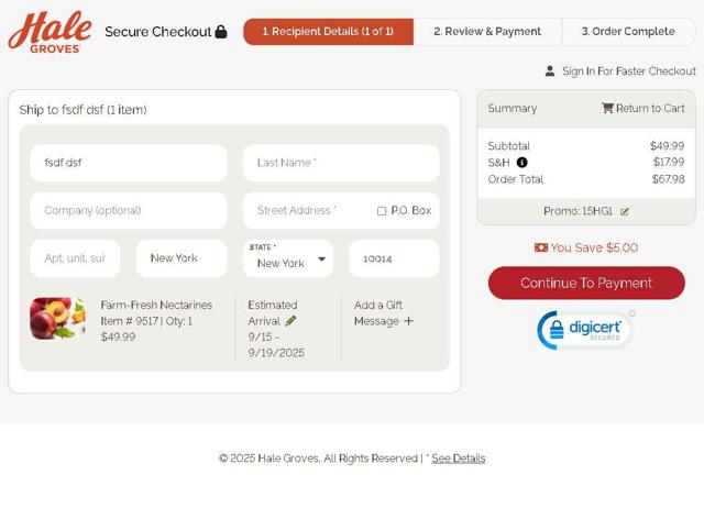 Hale Groves checkout page showing Hale Groves promo code box | Screenshot taken by SimplyCodes community member on Sep 5, 2025