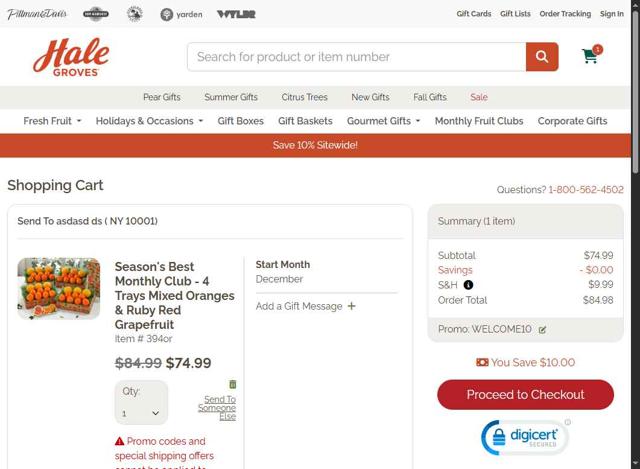 Hale Groves checkout page showing Hale Groves promo code box | Screenshot taken by SimplyCodes community member on Sep 5, 2025