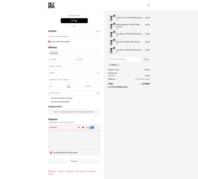 HALF BAK'D checkout page showing HALF BAK'D promo code box | Screenshot taken by SimplyCodes community member on Sep 4, 2025