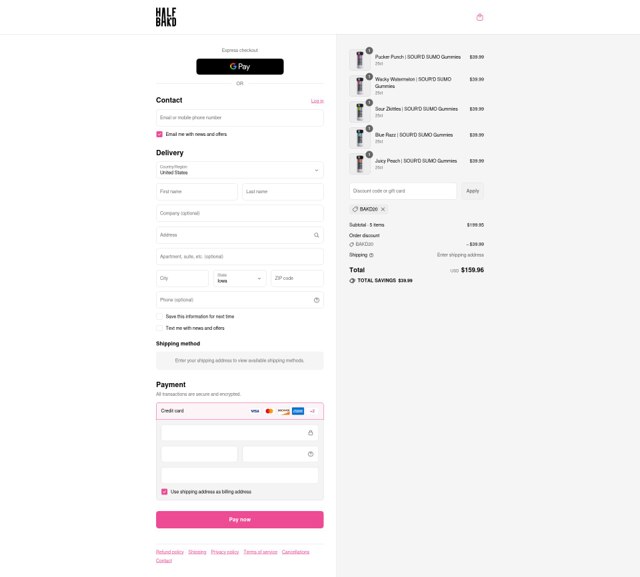 HALF BAK'D checkout page showing HALF BAK'D promo code box | Screenshot taken by SimplyCodes community member on Aug 23, 2025