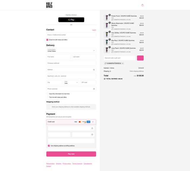 HALF BAK'D checkout page showing HALF BAK'D promo code box | Screenshot taken by SimplyCodes community member on Aug 27, 2025