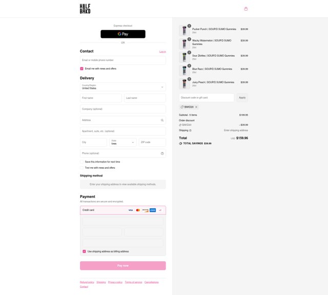 HALF BAK'D checkout page showing HALF BAK'D promo code box | Screenshot taken by SimplyCodes community member on Aug 17, 2025