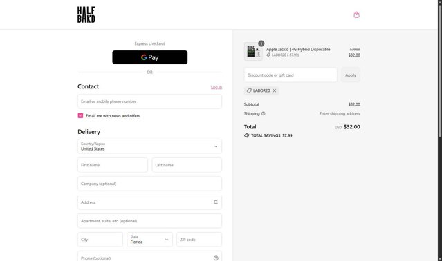 HALF BAK'D checkout page showing HALF BAK'D promo code box | Screenshot taken by SimplyCodes community member on Sep 2, 2025