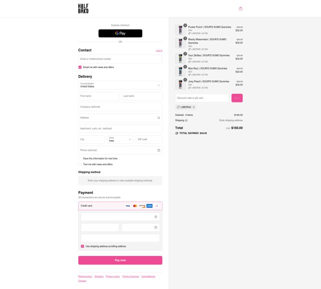 HALF BAK'D checkout page showing HALF BAK'D promo code box | Screenshot taken by SimplyCodes community member on Sep 4, 2025