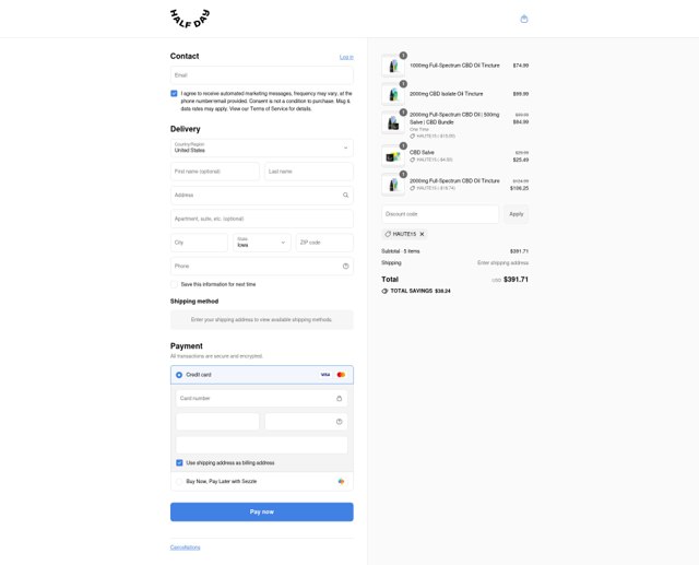 Half Day CBD checkout page showing Half Day CBD coupon code box | Screenshot taken by SimplyCodes community member on Sep 8, 2025