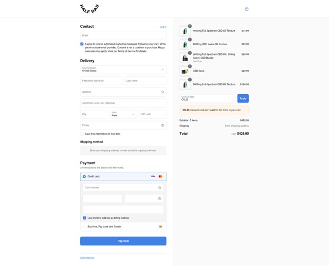 Half Day CBD checkout page showing Half Day CBD coupon code box | Screenshot taken by SimplyCodes community member on Sep 8, 2025